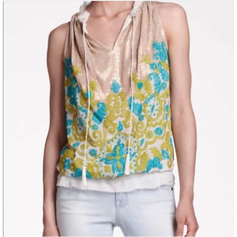 NAMRATA JOSHIPURA Floral Embroidered Silk Blouse Teal Gold Sequins Tassels Sz M